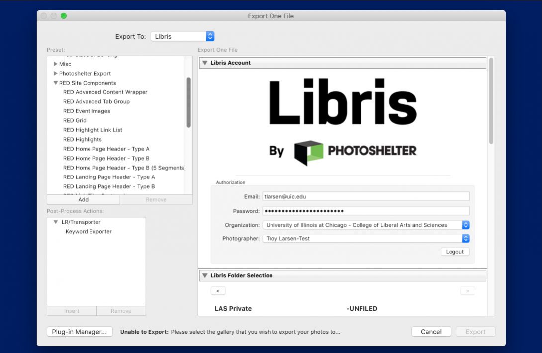 Libris Lightroom Plugin Export Interface